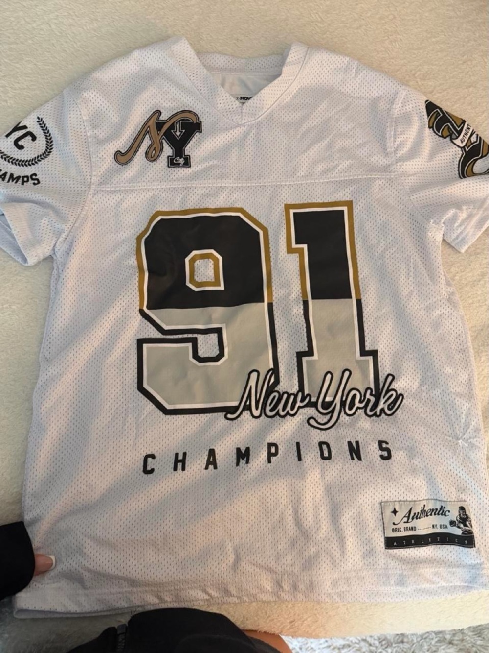 Fashion Nova White Mesh Jersey with Black & Gold Accents
